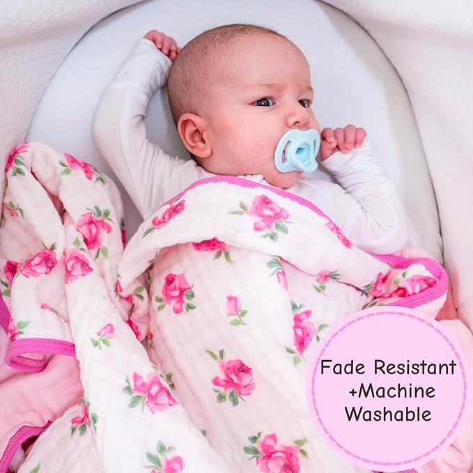 LollyBanks Muslin Baby Quilt, 100% Organic Cotton 6-Layer Soft Baby Blanket for Girls, Large 47 x 47 Inches Infant Receiving Blanket, Durable Toddler Quilt, Cozy Newborn Blankets (Rosebud Print)