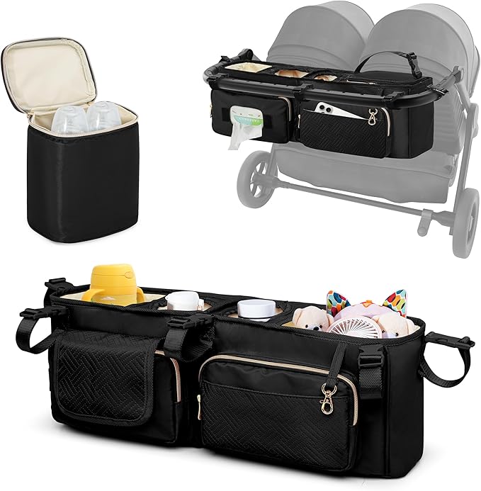 Double Stroller Organizer Compabitle with BOB Duallie and Baby Jogger City Mini GT2 Double Stroller, Double Parent Stroller Caddy Organizer with Cup Holder and Cooler Bag, Black(Empty Bag)