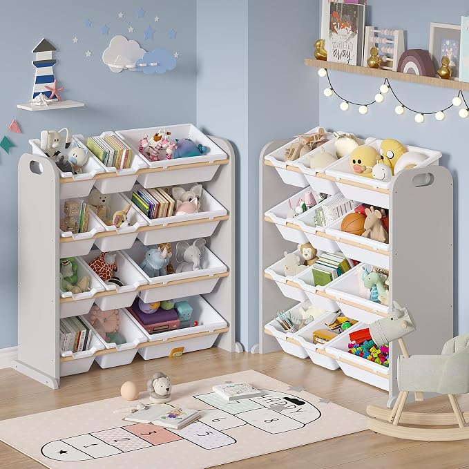 VECELO Kids Bookshelf Toy Storage with 12 Bins, Wooden Toy Rack for Toddlers, Large-Capacity Playroom Storage for Books, Toys, and Stuffed Animals, Grey