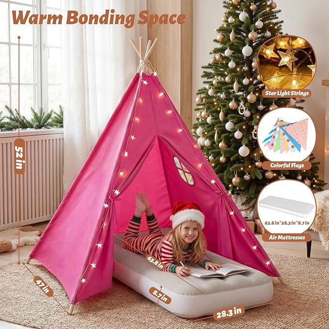wilwolfer 4 Pack Kids Teepee Tent Bulk and Inflatable Airbed & Light, Natural Toddler Play Tent for Girls Boys Indoor Sleepover Slumber Party Birthday Gifts(White, Rose Red)