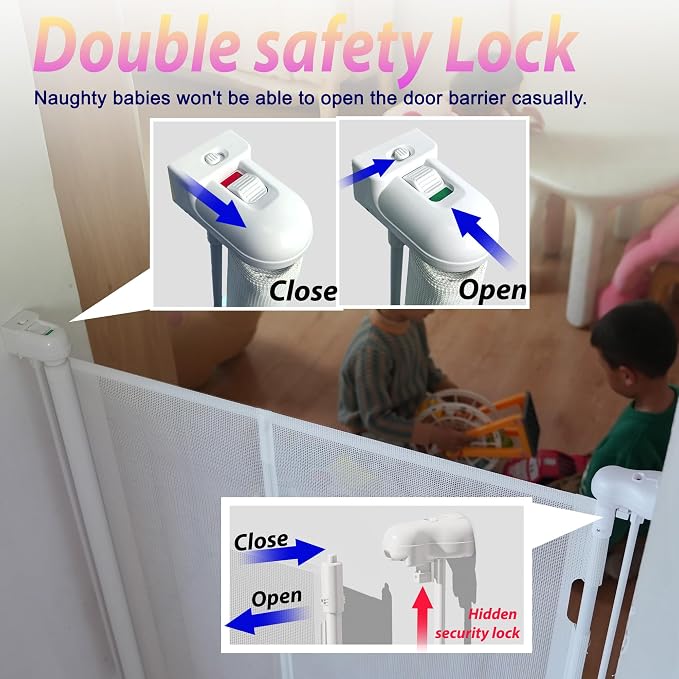 Retractable Baby Gates for Stairs, 55" Wide Baby Gate Dog Gate, 41" Tall Retractable Pet Gate for Doorways, Child Safety Gates Mesh Gate with Fiberglass Rods for Stairways, Hallways, Indoor/Outdoor