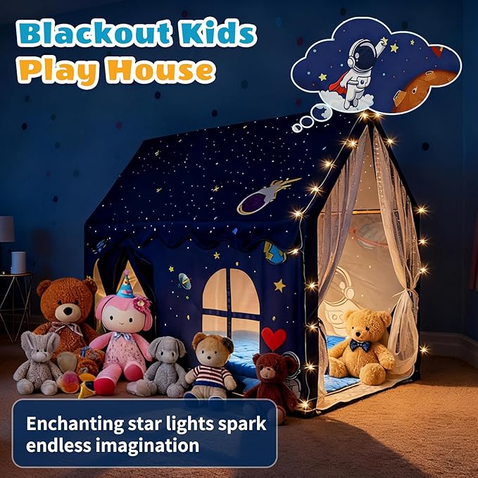 Kids Space Tent Indoor Playhouse-with Star Light, Padded Mat, Extra Large Bedroom Play Tent, Double Curtain, Two Door Access for Toddler Boys, Astronaut Spaceship Kids Tent Toys