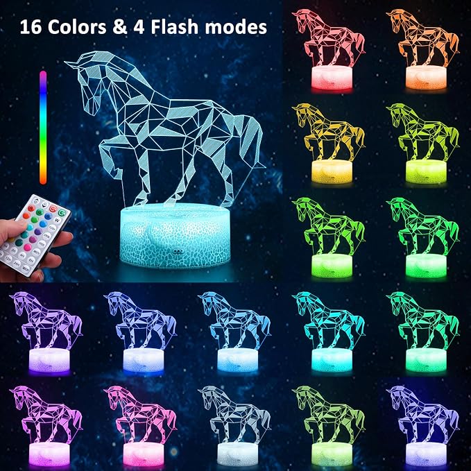 Hoofun Horse Gifts for Girls, 16 Colors Geometric Equine 3D Illusion Lamp, Night Light with Timer Remote and Touch Control, Horses Decor for Kids Room, Girls Birthday Gifts