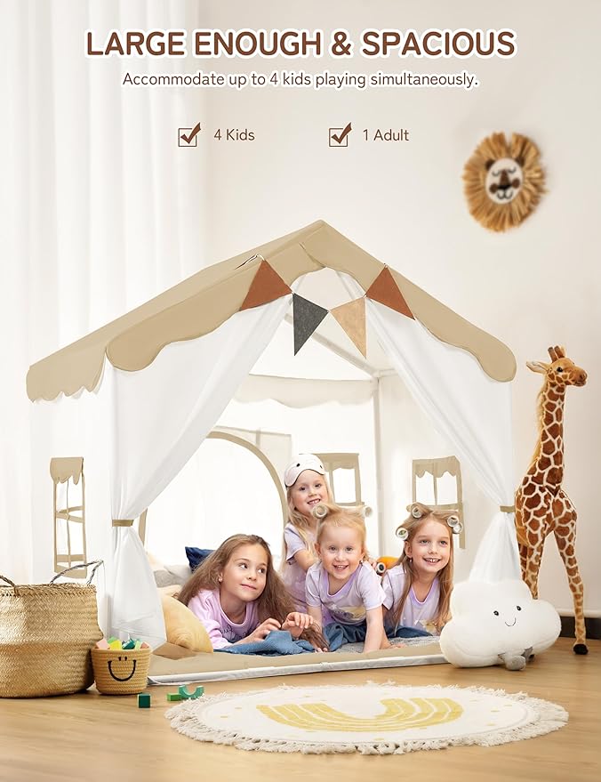 besrey Kids Play Tent 2 in 1 with Padded Mat and Lights, Large Kids Playhouse with 2 Doors & 4 Windows, Indoor & Outdoor, Christmas Toddler Tent, 51" x35" x 51" (Brown)