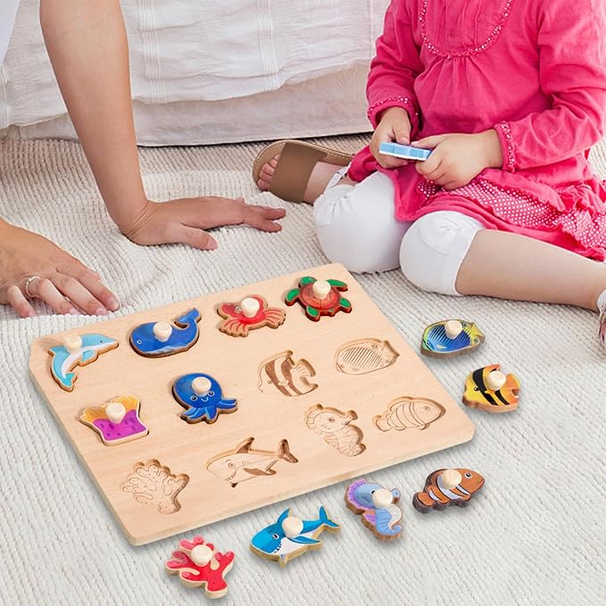 Vaveren Wooden Shapes Puzzle Shape Sorter Board Preschool Hand Eye Coordination Fine Motor Skill for Children Toddlers Birthday Gifts, Marine