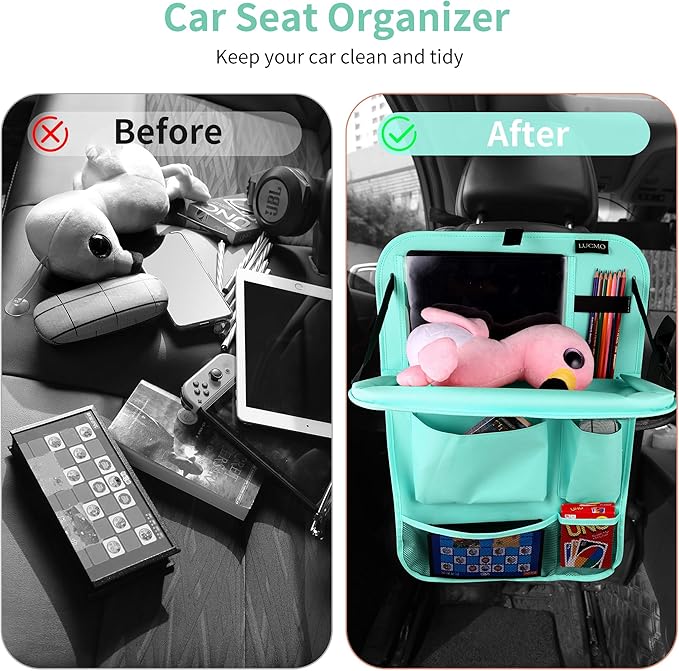 LUCMO Car Backseat Organizer with Tablet Holder-2 Pcs,6 Storage Pockets Car Storage Organizer with Foldable Food Tray,Protectors Kick Mats Travel Accessories-Light Blue