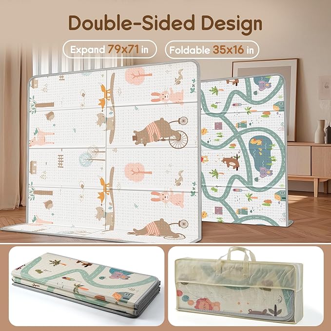Foldable Baby Play Mat for Floor, PIGLOG 79x71 Extra Large Crawiling Play Mat for Babies, Waterproof & Portable Tummy Time and Non-Toxic Soft Foam Playmat for Infants, Toddlers