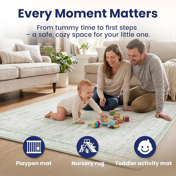 Huloo Sleep Baby Play Mat for Floor - 79x158 Inches 1.3" Thick Elasti-Foam Playpen Mat for Toddlers Infant Kids, Water-Repellent Nursery Rug, Non-Slip Backing for Crawling & Tummy Time, Grey Wash