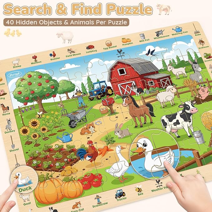Joyreal Wooden Puzzles for Kids Ages 4-6, 4 x 60 Piece Search and Find Puzzles for Toddlers 3-5, Educational Animal Learning Toys, Birthday Gifts for 3 4 5 6 Year Old Boys Girls