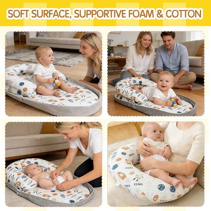 Tummy Time Mat, 2-in-1 Convertible to Backpack, Premium Memory Foam Baby Play Mat, Removable Machine Washable Cover, Foldable for Floor, Couch & Travel, Spaceship