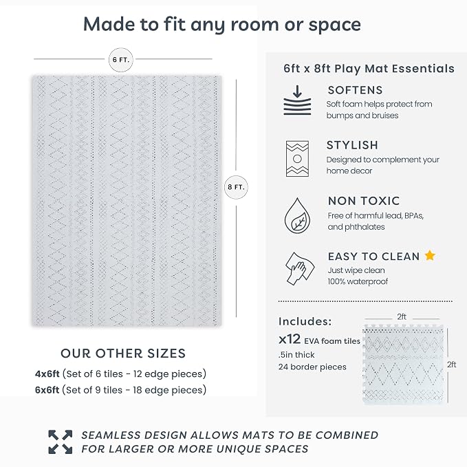 Little Landings Baby Play Mat for Floor - Boho (6x8ft) - Premium EVA Foam Play Mat for Babies & Toddlers (Ages 0-5+) - Non-Toxic Playmat for Tummy Time, Crawling & Playroom - Stylish & Comfortable