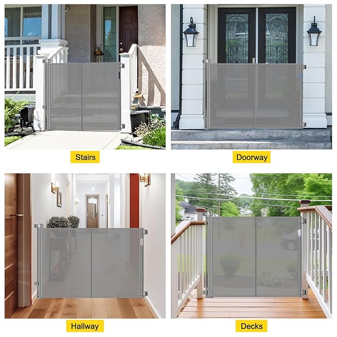 Reinforced 42??Extra Tall Pet Gate for Doorways, Extends up to 60??Wide, Extra Tall Retractable Baby Gates with Rods to Prevent Crawling Through Retractable Mesh Dog Gate Indoor Outdoor, Gray