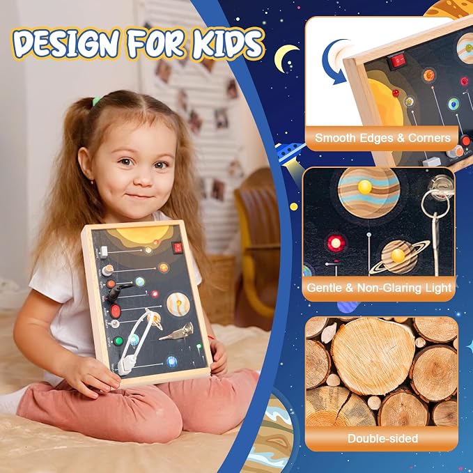 Adena Montessori Solar System Busy Board for Toddlers - Wooden Sensory Activity Toys with LED Light Switch, Travel Toys for 1-6 Year Old Boys & Girls Gifts, Educational Board for Fine Motor Skills