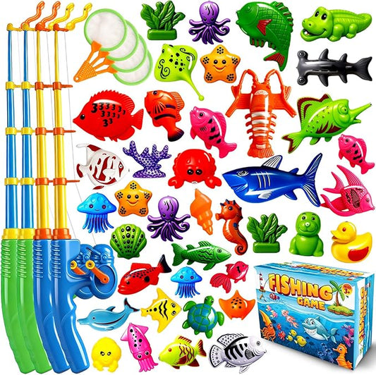 CozyBomB??Magnetic Fishing Toys Game Set for Kids | Water Table Bathtub Kiddie Pool Party Pole Rod Net, Outdoor Plastic Floating Fish, Toddler Bath Color Ocean Sea Animals Birthday Gift Age 3-5 6 4-8