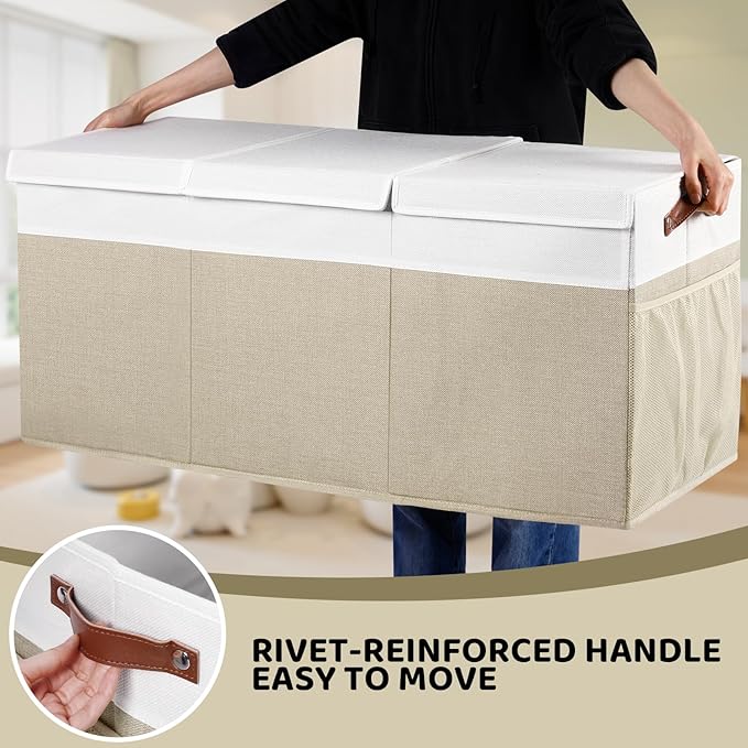 Extra Large Foldable Toy Chest with Lid,Collapsible Kids Toy Storage Box Organizer,Large Fabric Storage Bin for Nursery Playroom Bedroom Living Room,40?�x18?�x14??White & Beige