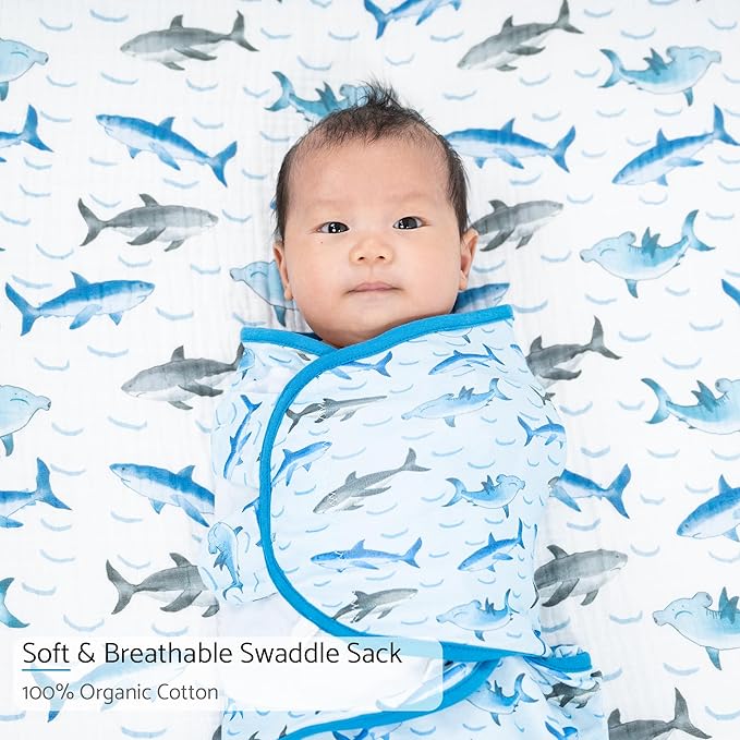 LollyBanks Baby Swaddles, 100% Cotton Baby Boy Sleep Swaddle, 3-6 Months Swaddle Sack for Boys with Easy Change Zipper, Ocean Themed Newborn Swaddles Nursery Swaddling Blankets (Shark Print)