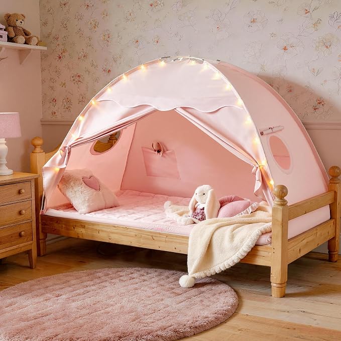 Tiny Land Twin Bed Tent for Kids, Breathable Bed Canopy Tent for Girls & Boys, Pink Play Tent, Easy Setup Washable Sleep Space, Cozy Dream Playhouse Gift, 77" x 40" x 46"
