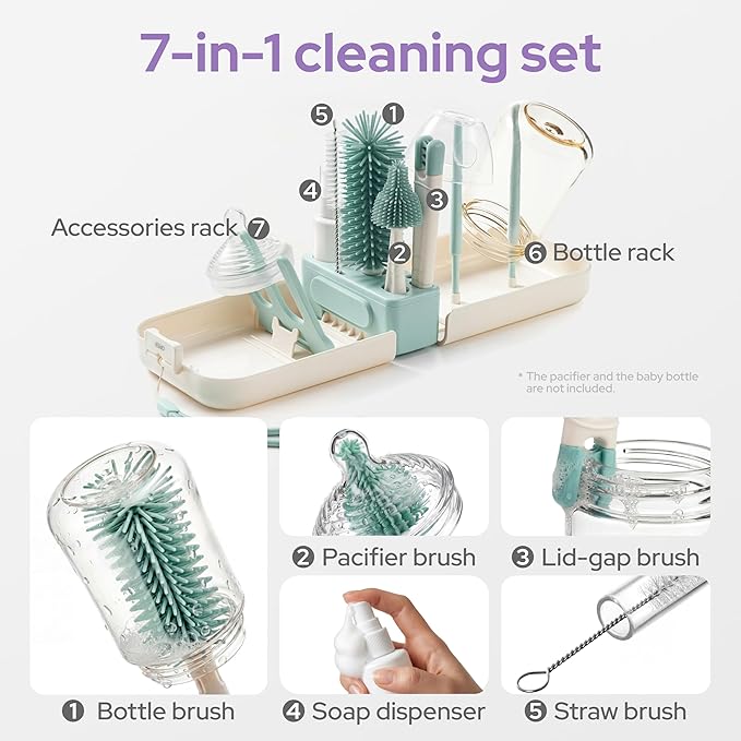 lalalark 7-in-1 Baby Bottle Brush Set, BPA Free Silicone Baby Bottle Cleaning Kit with No Scratch Dual-Headed Brush, Nipple Brush,Soap Dispenser & Drying Rack,Travel Cleaner Set with Storage Case,Mint