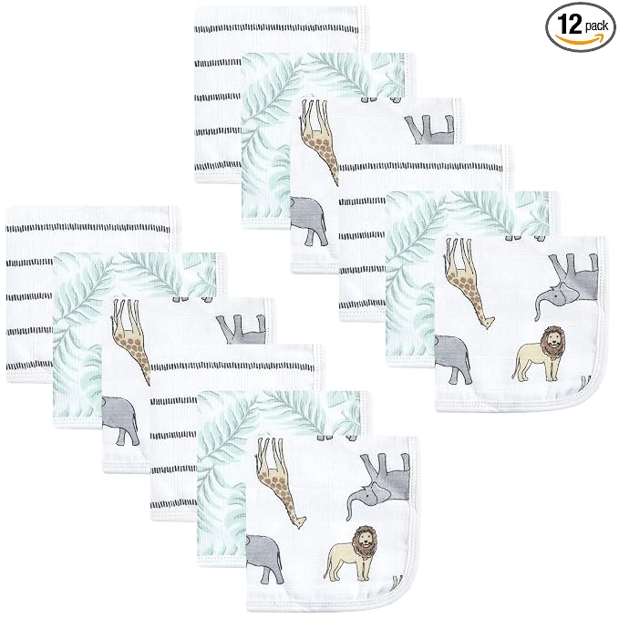 Hudson Baby Unisex Baby Cotton Muslin Washcloths, Modern Neutral Safari, One Size