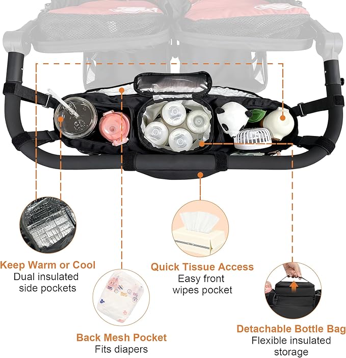Double Stroller Organizer for Bob Duallie and Baby Jogger City Mini GT2, Double Jogging Stroller Caddy with 2 Insulated Cooler Pockets & Detachable Bag