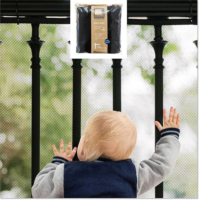 Roving Cove Stair Banister Guard 15ft x 3ft, Railing Safety Net for Baby Proofing, Child Safety Stairway Cover, Balcony Mesh Netting, Ebony Black