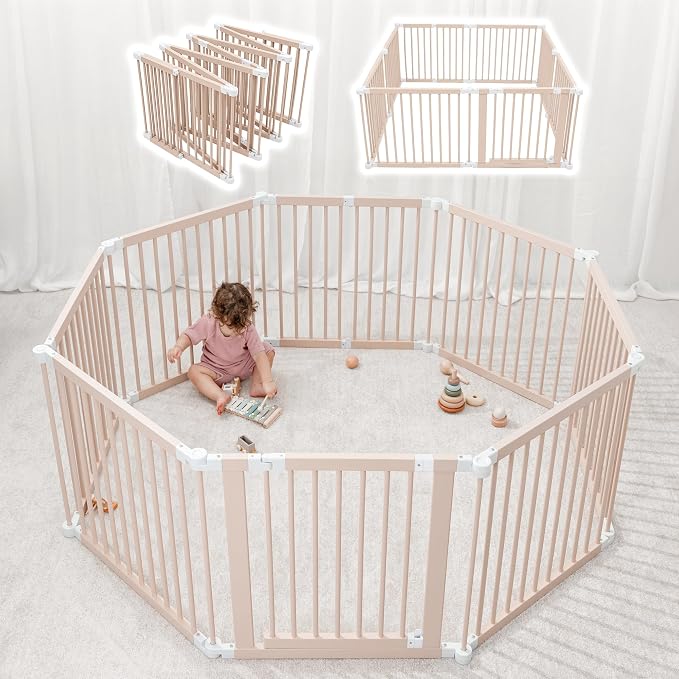 Comfy Cubs Baby Gate Playpen - 57 x 57 x 25 in, Extends Up to 228” - Pine Wood Foldable Playpen with Child-Proof Lock - Easy Assembly Baby Fence Play Area for Babies & Toddlers - Blush