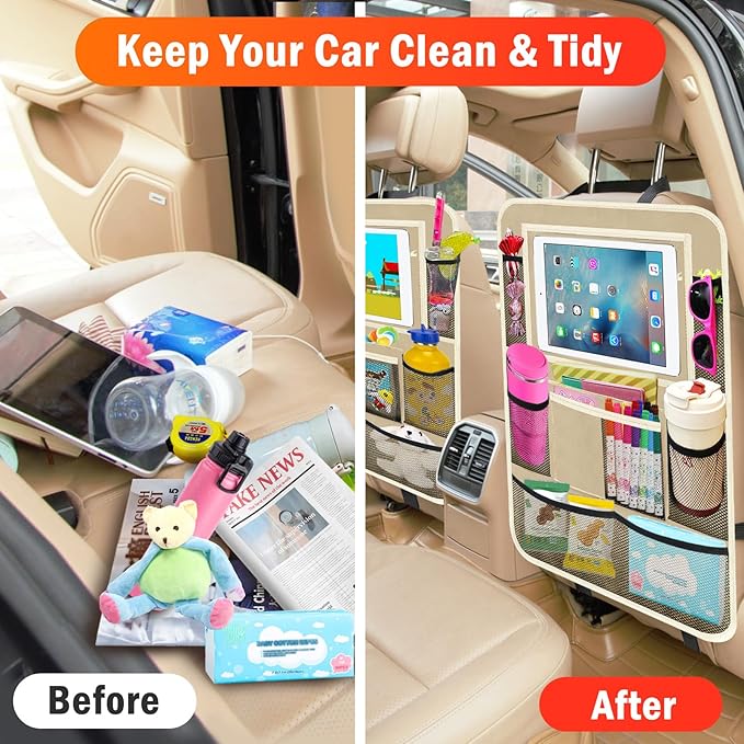 Car Backseat Organizer ï¼? Pack Car Organizer Back Seat with 11" Tablet Holder, 10 Storage Pockets Seat Back Protectors Kick Mats for Kids Toddlers, Travel Accessories (Beige)