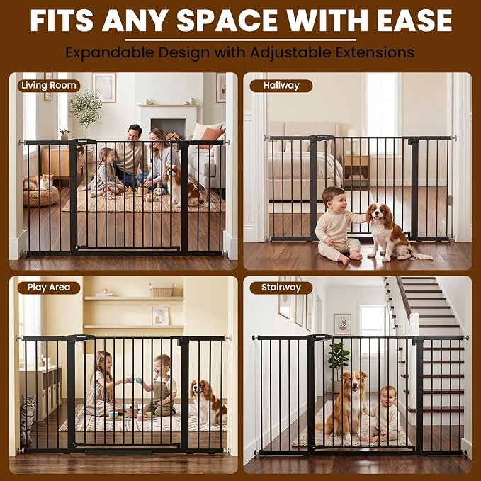 Mumeasy 36-58" Extra Wide Baby Gate for Stairs, 30" Tall Walk Through Dog Gate for Doorways & Hallways, Auto Close Pressure Mounted Safety Gate for Toddlers & Pets, Dual Swing Child Gate Indoor, Black