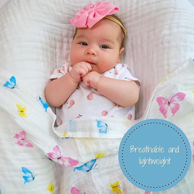 LollyBanks Baby Blankets, 100% Muslin Cotton Swaddle Blanket for Girls, Soft and Large 47 x 47 Inches Newborn Swaddle, Breathable Baby Receiving Blankets, Registry (Butterfly Print)