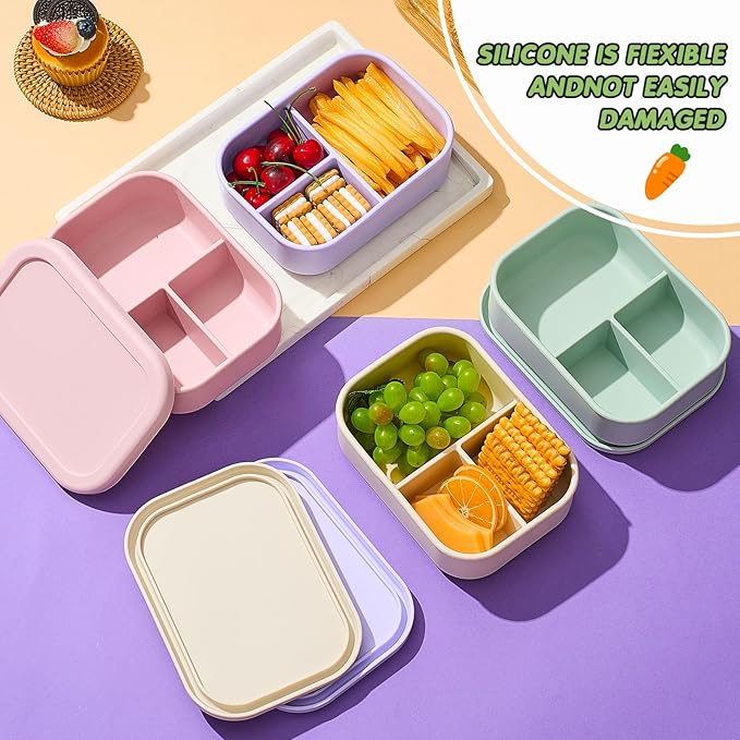 Layhit 4 Pcs Silicone Bento Box for Adults, 27 oz Bento Lunch Container Reusable Food Container for Women Men, Leak Proof Microwave Dishwasher Freezer Safe (3 Compartments,Desaturated Colors)