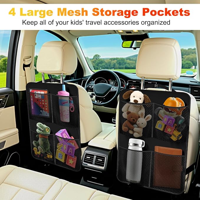 2 Pack Back Seat Cover For Kids + 4 Pocket Storage Organizer,Car Kick Mats Backseat Protector, Car Seat Back Protectors Backseat Organizer For Vehicles
