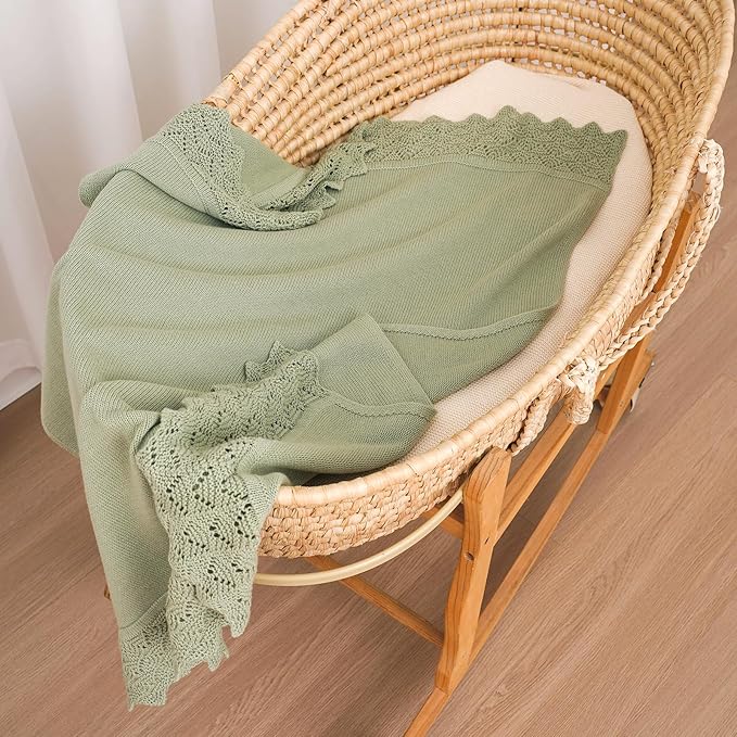 Hadetoto Baby Blanket Soft Cozy Cotton Cable Knit Crochet Receiving Crib Nursery Swaddling Blankets for Newborn Boys Girls (Baby Green)