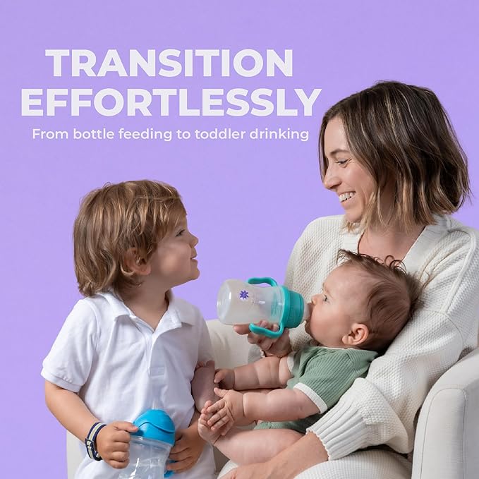 b.box + Lansinoh Time to Sip Starter Cup Set (3m+ to Toddler) | 1 Cup with 4 Lids ??Nipple, Spout, Weighted Straw, Training | BPA-Free, Dishwasher Safe, Easy-Grip | 8 Ounces | Tropical Sea