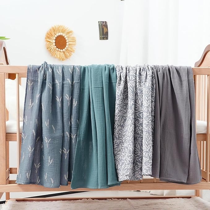 Happy Flute 4Set Muslin Swaddle Blankets??œUltra Soft Baby Blanket for Newborns,Receiving Blankets for Baby Girls & Boys??œBaby Essentials 0-3 Years,40x40inches (Leaf)