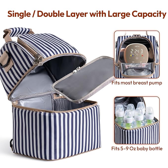 NCVI Breastmilk Cooler Bag with 2 Ice Pack, Breast Pump Bag with Cooler Fits 6 Bottles, Double Layer Breast Milk Baby Bottle Cooler Bag, for Travel, Nursing Mom Daycare, Work, Picnic (Stripe)