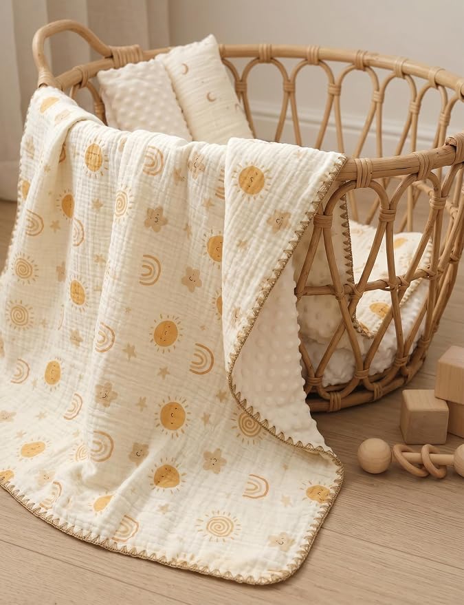 Baby Blanket 40x40 Inches,Muslin Cotton and Minky Dotted Double Layer Soft Receiving Blanket for Newborn Toddler,Boho Sky