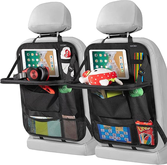 LUCMO Car Backseat Organizer with Touch Screen Tablet Holder,9 Storage Pockets Storage Organizer,Protectors Kick Mats Travel Accessories (Black, 2 Pack with Food Tray)