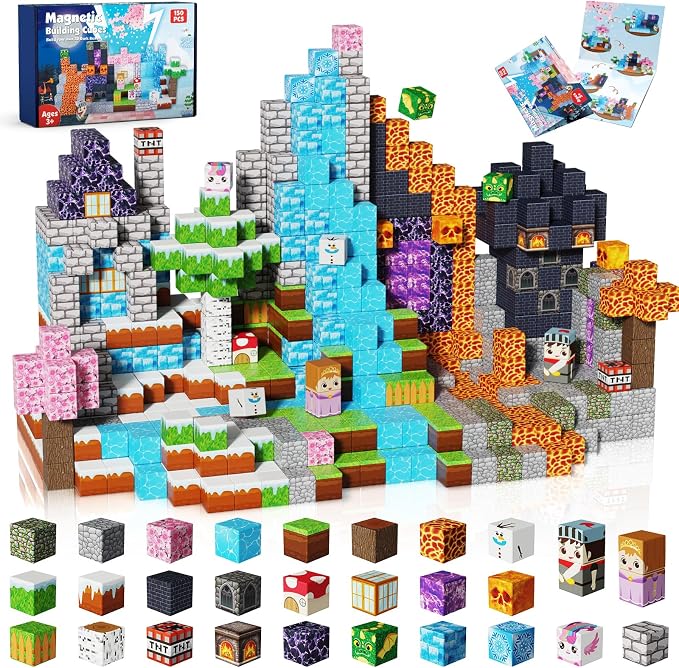 Magnetic Blocks - 150PCS Magnetic Building Block Cubes Dark Forest Glacier Castle, Magnet Toy Building Sets for Kids Age 3+, STEM Stacking Construction Toys Easter Gift for Boys Girls Age 4-8, 8-12