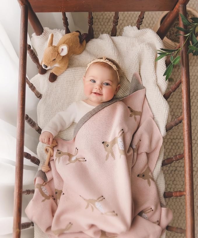 Knit Baby Swaddle Blanket - 100% Cotton Soft Cozy Receiving Swaddle Stroller Blanket for Shower Gift Registry for Newborns, Infants, Toddlers (Deer - Pink)