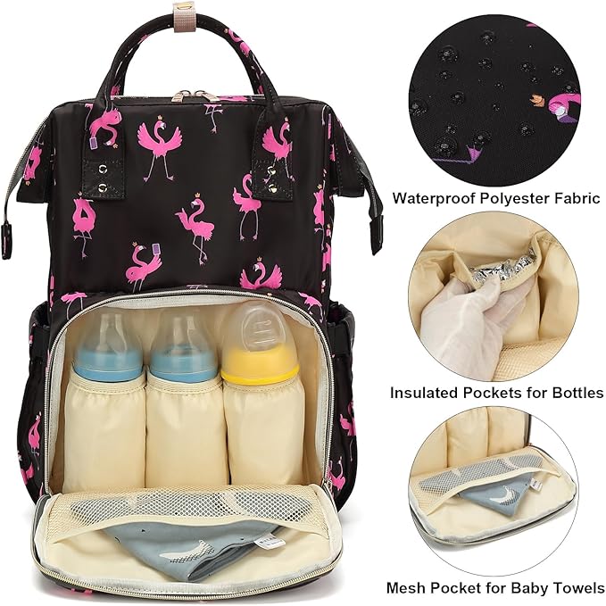 Flamingo Baby Diaper Bag Backpack for Women, Large Capacity Waterproof Maternity Travel Nappy Backpacks with Stroller Straps