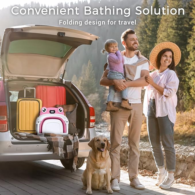 BUNWAG Baby Bathtub,Collapsible Newborn Bathtub for Infant to Toddler with Soft Cushion and Thermometer,Portable Travel Newborn Tub with No-Slip Feet,Baby Shower Gifts,0-12 Months Babybath,Bright Pink