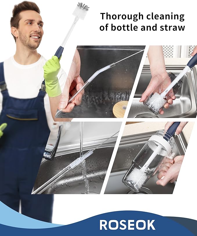 ROSEOK 2 in 1 Long Handle Bottle Brush with Straw Brush for Cleaning Glass, Sports Bottle, Coffee Mug,Navy Blue, 2 Pack