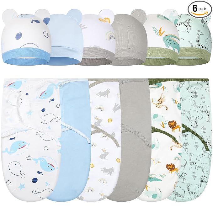 Ramede 6 Pack Swaddle Blanket with Hats Swaddle Outfit for 0-3 Months Newborn Sacks Soft Cotton Wearable for Girl and Boy(Whale,Blue and Green)