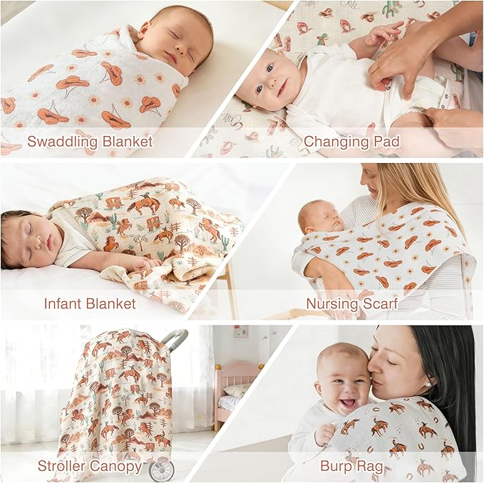 Muslin Swaddle Blankets for Newborn, 4 Pack Large 47"x47" Soft Breathable Bamboo Cotton Baby Blanket, Lightweight Receiving Blanket for Boys and Girls, Wild West Adventure