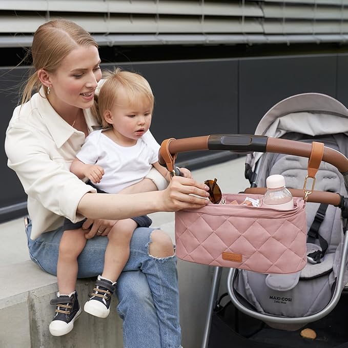 Beautiful Stroller Caddy Organizer With 2 Cup Holders ??Luxury Stroller Bag, Universal Fit, Leather Straps & Zipper Pocket ??Spacious Accessories Perfectly Fits Doona, Nuna & Uppababy Strollers