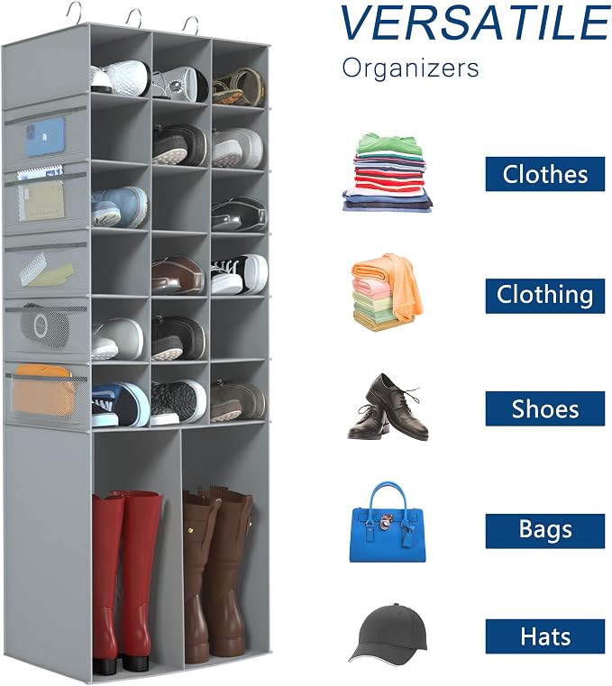 Hanging Shoe Rack for Closet,18+2 Sections Hanging Shoe Closet Organizers and Storage with 10 Side Mesh Pockets,Space-Saving Shoe Storage & Holder,Grey