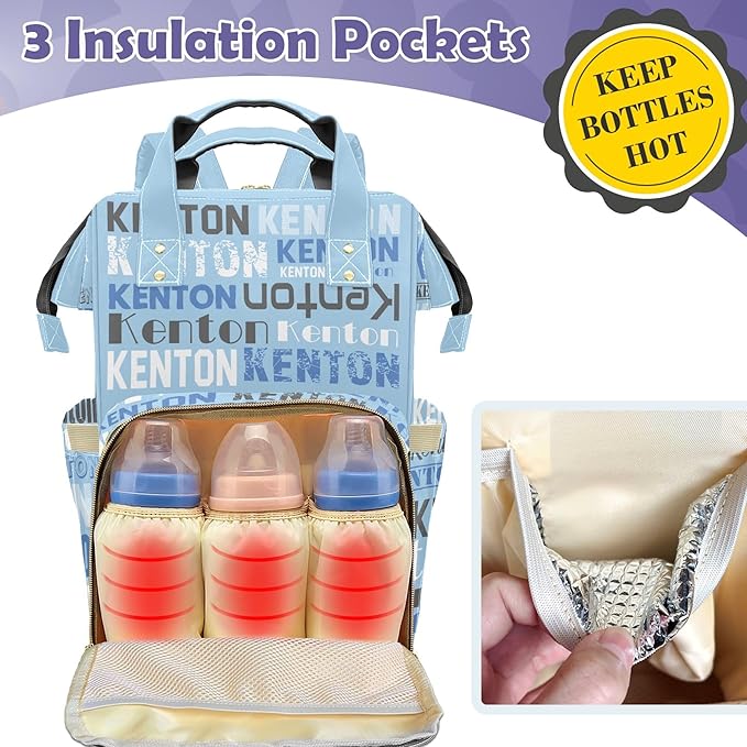 Personalized Diaper Bag Backpack for Baby Boy with Name, Light Blue Custom Nappy Nursing Bag for Moms Dads, Nylon, Customized Gift, Large Capacity, Waterproof, Multifunctional