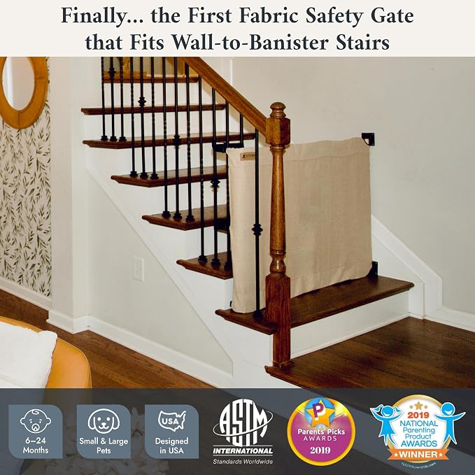 The Stair Barrier First Fabric Wall to Banister Baby Gate for Stairs 36”–43” Wide x 32” Tall – Dog Gate for Stairs, for Top or Bottom Staircase, Machine-Washable, Climb Proof, Designed in USA – Cream