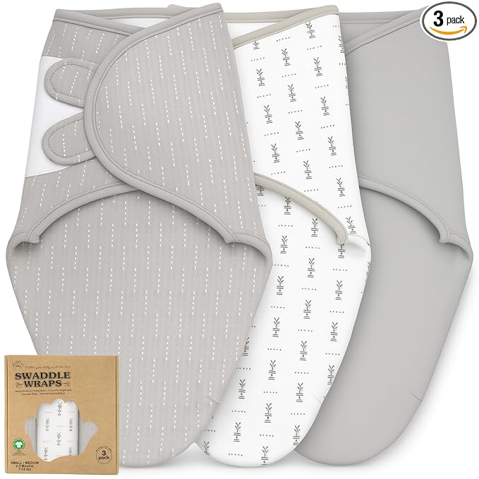 Baby Swaddle Blanket 3-Pack – Organic Cotton Adjustable Swaddle Wrap for Newborns 0-3 Months – Infant Sleep Sack for Baby Girl or Boy – Soft Breathable Swaddling Blankets, Grey