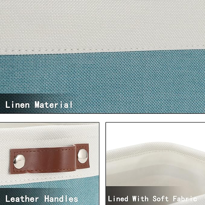 HNZIGE Storage Baskets Bins Set, (6 pack) Small Fabric Baskets for Shelves, Baskets for Gifts Empty with Handles for Organizing Shelf Nursery Home Closet Clothes room(White Teal, 11.8" x 7.8" x 5.1")